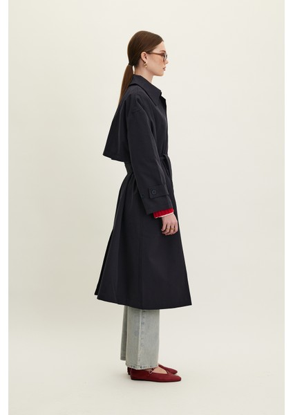 Kemerli Oversize Gabardin Trençkot Lacivert indirimleri