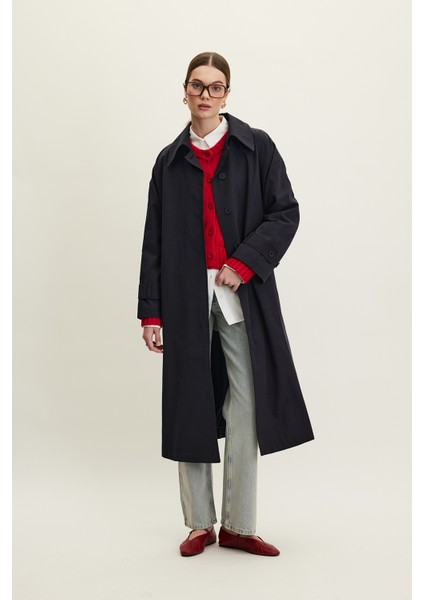 Kemerli Oversize Gabardin Trençkot Lacivert