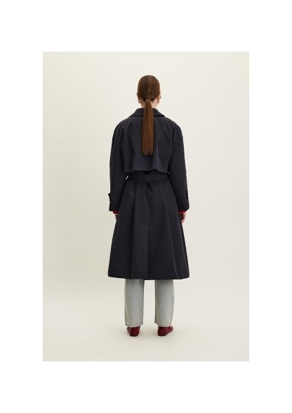 Kemerli Oversize Gabardin Trençkot Lacivert