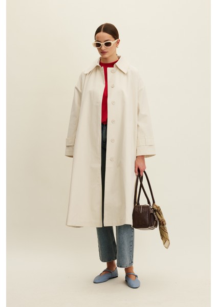 Kemerli Oversize Gabardin Trençkot Tereyağı