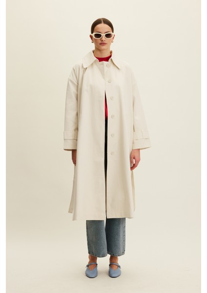 Kemerli Oversize Gabardin Trençkot Tereyağı