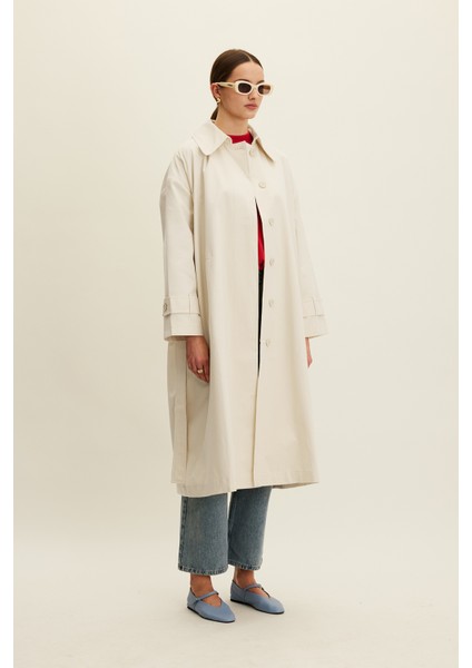Kemerli Oversize Gabardin Trençkot Tereyağı