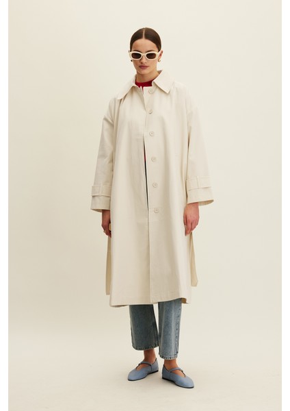 Kemerli Oversize Gabardin Trençkot Tereyağı
