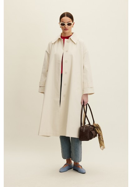 Kemerli Oversize Gabardin Trençkot Tereyağı