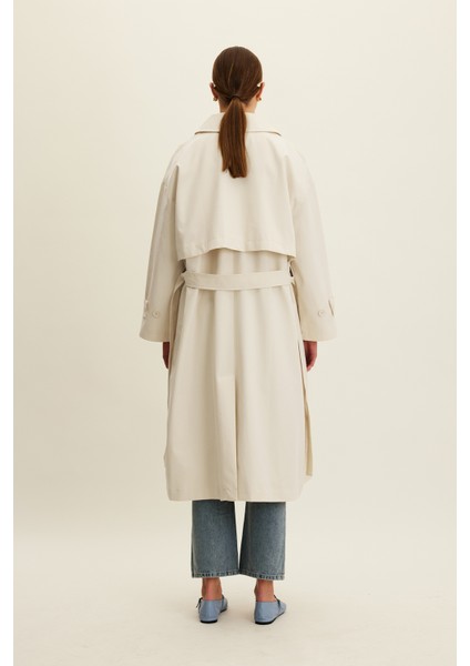 Kemerli Oversize Gabardin Trençkot Tereyağı