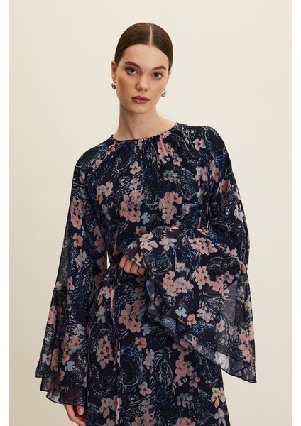 Şifon Volanlı Elbise Floral
