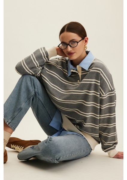 Polo Yaka Oversıze Sweatshırt Gri