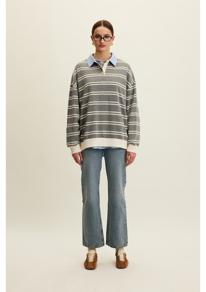 Polo Yaka Oversıze Sweatshırt Gri modelleri