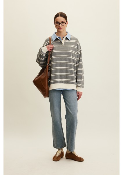 Polo Yaka Oversıze Sweatshırt Gri indirimleri