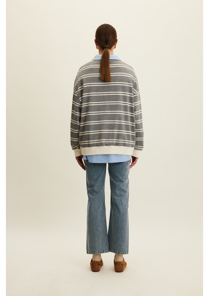 Polo Yaka Oversıze Sweatshırt Gri