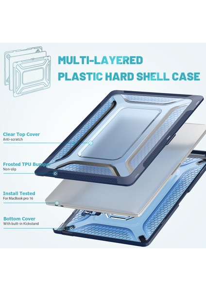 MacBook Pro 16 Inç (2019) A2141 Laptop Kapak Çift Katmanlı Sert Pc Yumuşak Tpu Kabuk Kılıf ile Kickstand-Safir (Yurt Dışından)