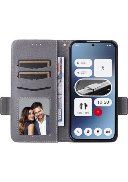 For Nothing Telefon (2A) Plus/telefon (2A) Kılıfı Pu Deri Litchi Doku Folyo Bilek Kayışlı Telefon Kılıfı-Gri (Yurt Dışından)