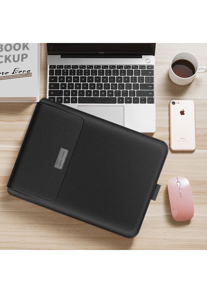 Evrensel Stand Katlanabilir Laptop Çantası Dizüstü Bilgisayar Kılıfı Deri Çanta MacBook 15 Inç-Siyah (Yurt Dışından)