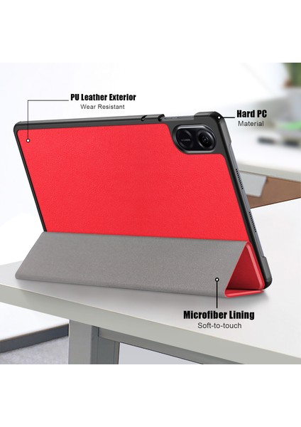 Honor Pad X9/pad X8 Pro Için Üç Katlı Stand Kapağı, Düz Renk Pu Deri Tablet Kılıfı-Kırmızı (Yurt Dışından)