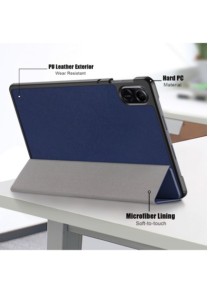 Honor Pad X9/pad X8 Pro Için Üç Katlı Stand Kapağı, Düz Renk Pu Deri Tablet Kılıfı-Koyu Mavi (Yurt Dışından)