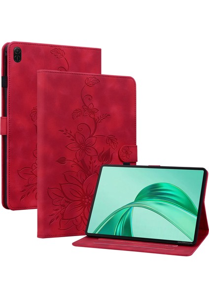 Honor Pad X8A Kılıf Zambak Çiçeği Künye Kart Yuvaları Deri Tablet Kapağı-Kırmızı (Yurt Dışından)