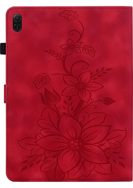 Honor Pad X8A Kılıf Zambak Çiçeği Künye Kart Yuvaları Deri Tablet Kapağı-Kırmızı (Yurt Dışından)