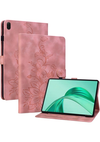 Honor Pad X8A Kılıf Zambak Çiçeği Künye Kart Yuvaları Deri Tablet Kapağı-Pembe (Yurt Dışından)