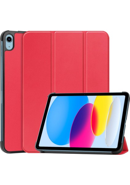 Apple iPad 10.9 (2022) Için Aşınma Önleyici Pu Deri Koruyucu Kılıf Damla Geçirmez Üç Katlı Stand Tablet Kapağı Otomatik Uyandırma/uyku-Kırmızı (Yurt Dışından)