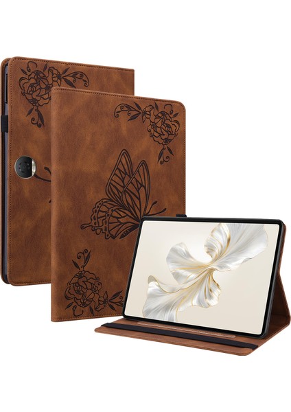Honor Pad 9 Kılıf Için Çiçek Deri Flip Kart Yuvaları Tablet Kapağı-Kahverengi (Yurt Dışından)