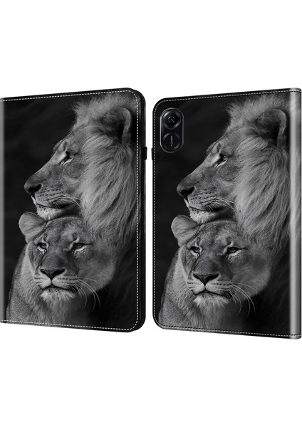 Honor Pad X9 Kılıf Için El Kayışı Desenli Pu Deri Standı Tablet Kapağı-Çift Aslanlar (Yurt Dışından)