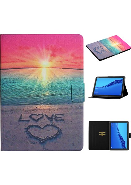 Desen Baskı Kartı Yuvaları Standı Deri Akıllı Kılıf Huawei Mediapad M5 Lite 10-Seaside Love (Yurt Dışından)