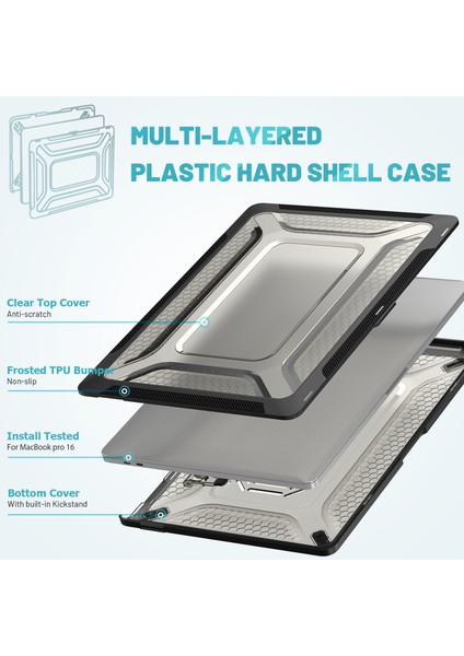 MacBook Pro 16 INÇ(2019)A2141 Laptop Kapak Çift Katmanlı Sert Pc Yumuşak Tpu Kabuk Kılıfı Kickstand-Siyah Için (Yurt Dışından)