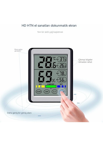 Dokunmatik Ekran Dijital Ekran Yüksek Hassasiyetli Ev Iç Mekan Aydınlık Sıcaklık ve Nem Cihazı (Yurt Dışından)