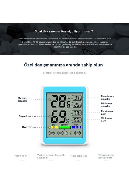Dokunmatik Ekran Dijital Ekran Yüksek Hassasiyetli Ev Iç Mekan Aydınlık Sıcaklık ve Nem Cihazı (Yurt Dışından)