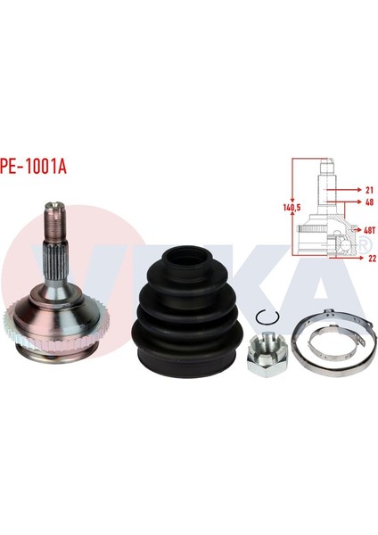 VEKA-PE-1001A - Aks Kafası Sol-Sag On Dıs Peugeot 206 (2A/C) 1.6i 16V Abslı 48 Dıs Icten Segmanlı 21×22×48 Uzunluk 140,5 mm 1998-2006