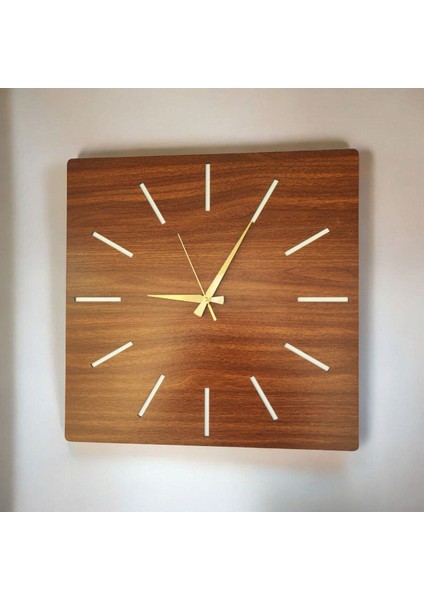Kare Ahşap Ceviz Renk Sade Sayılı Hediyelik Sessiz Duvar Saati 50 cm