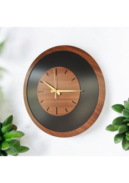 Ahşap Siyah ve Ceviz Renk Sade Sayılı Hediyelik Sessiz Duvar Saati 50 cm