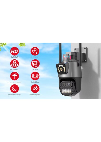 IP66 Su Geçirmez 9mp Çift Lensli 8x Zomlu Wifi Ptz Pollis Çakarlı Güvenlik Kamerası