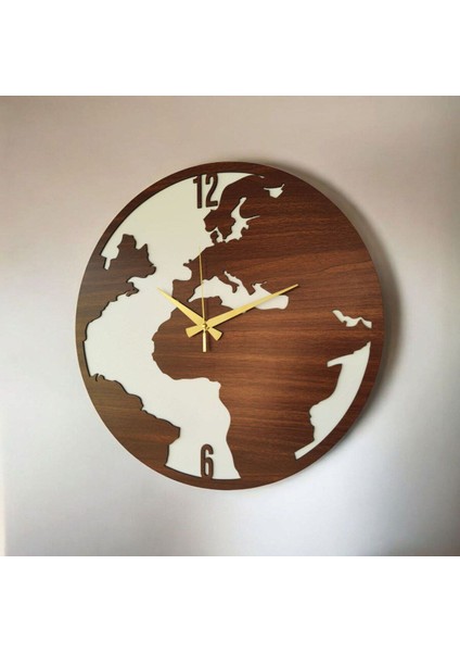 Dünya Haritası Ahşap Ceviz Siyah Renk Sade Sayılı Hediyelik Sessiz Duvar Saati 50 cm