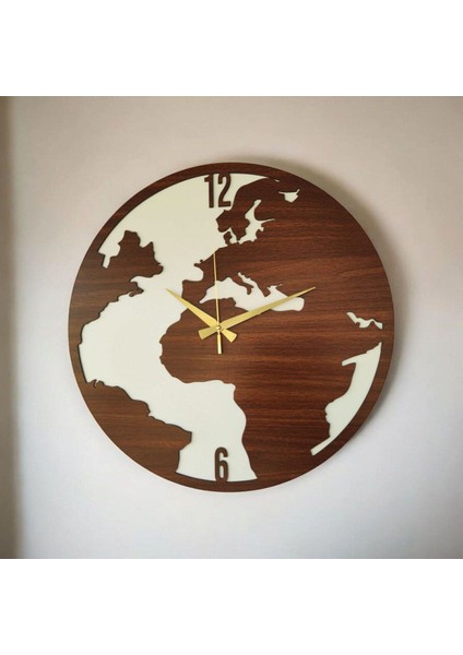 Dünya Haritası Ahşap Ceviz Siyah Renk Sade Sayılı Hediyelik Sessiz Duvar Saati 50 cm fiyatları