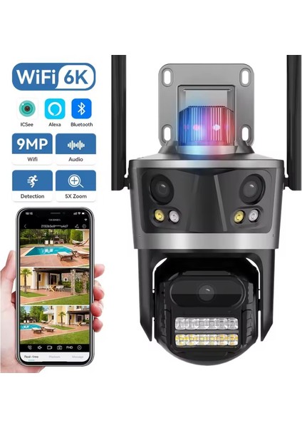 6k 12 Mp Hd Wıfı Ip Kamera Üç Kameralı Dış Mekan Ptz Otomatik Takip Cctv Güvenlik Video Gözetimi Kamerası Renkli Gece Görüşülü