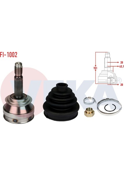 VEKA-FI-1002 - Aks Kafası Sol-Sag On Dıs Fıat Uno 70 1.4i 20×20×43 Uzunluk 150,3 mm 1994-2000