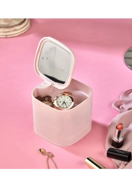 4 Katlı Aynalı Kare 360 Derece Dönebilen Takı Organizer Kutusu Şık Takı Saklama Kutusu