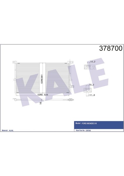 KALE-378700 - Klima Radyatörü Ford Mondeo Iıı 1.8/2.0 16V 2.0/2.2tdcı 2.5/3.0 V6 00<07 (Mt) Kurutucusuz [brazıng Al/al] [628X361X16]