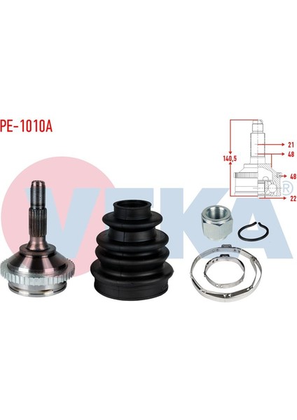VEKA-PE-1010A - Aks Kafası Sol-Sag On Dıs Peugeot 206 (2A/C) 1.6i 16V Abslı 48 Dıs Dıstan Segmanlı 21×22×48 Uzunluk 140,5 mm 1998-2006