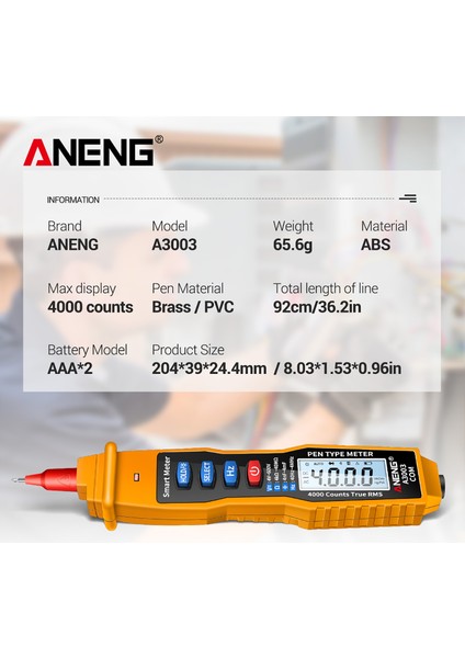 Aneng 4000 Ölçüm Ncv Dijital Kalem Multimetre LCD Aydınlatmalı Fener (Yurt Dışından)