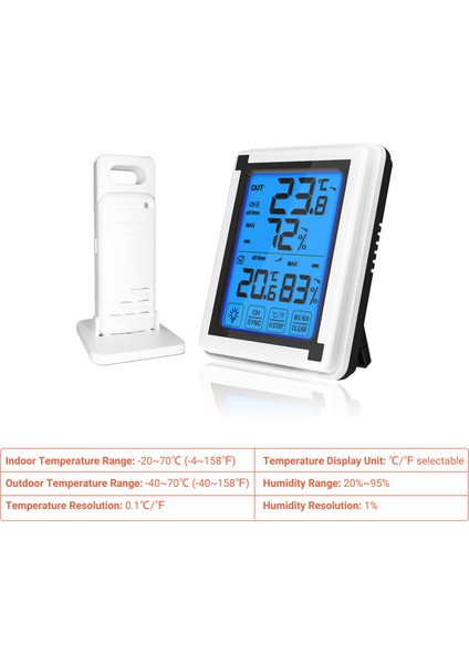 Kablosuz Iç/dış Mekan Nem ve Sıcaklık Ölçer, Geniş LCD Dokunmatik Ekran (Yurt Dışından)
