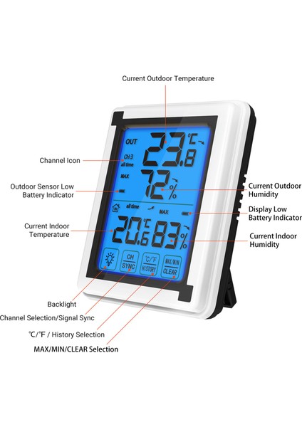 Kablosuz Iç/dış Mekan Nem ve Sıcaklık Ölçer, Geniş LCD Dokunmatik Ekran (Yurt Dışından)