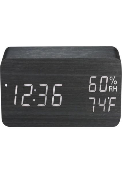 Ahşap LED Çalar Saat Ses Kontrollü Hygrometre Termometre 3 Alarmlı Siyah (Yurt Dışından)