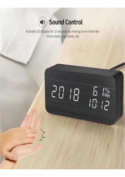 Ahşap LED Çalar Saat Ses Kontrollü Hygrometre Termometre 3 Alarmlı Siyah (Yurt Dışından) fiyatları