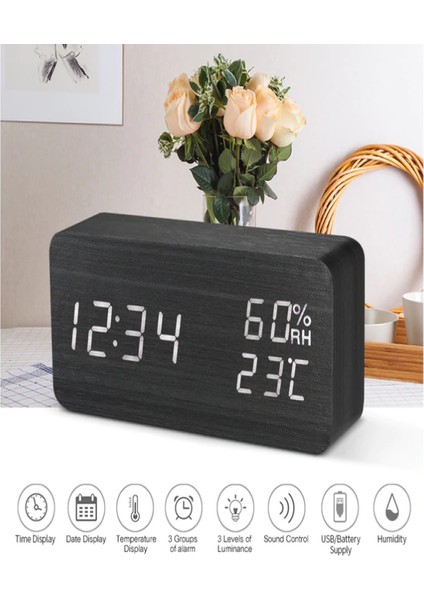 Ahşap LED Çalar Saat Ses Kontrollü Hygrometre Termometre 3 Alarmlı Siyah (Yurt Dışından) modelleri