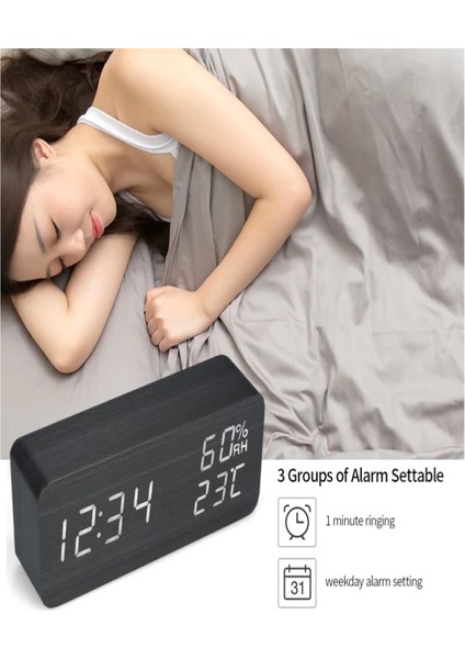 Ahşap LED Çalar Saat Ses Kontrollü Hygrometre Termometre 3 Alarmlı Siyah (Yurt Dışından) fırsatları