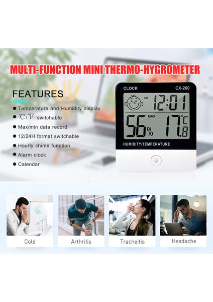 Dijital Termo Higrometre - Iç Mekan Sıcaklık ve Nem Ölçer, Alarmlı Saat ile LCD Ekran (Yurt Dışından)