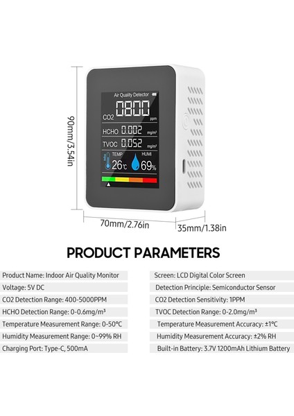 Taşınabilir 5'li Hava Kalitesi Ölçer, Co2 Formaldehit Dedektörü Şarj Edilebilir LCD Ekran (Yurt Dışından)