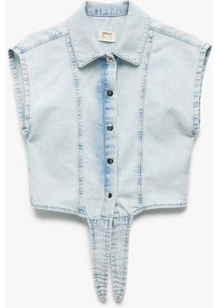 Düğme Kapamalı Bağlama Detaylı Pamuklu Denim Gömlek
